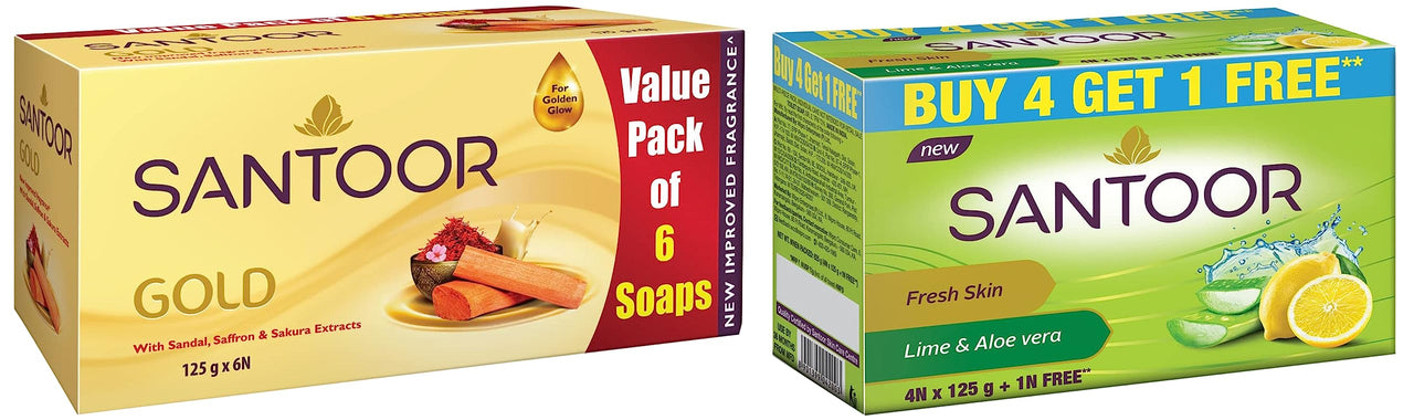 Santoor Aloe Fresh Soap with Aloe Vera and Lime, 125g (Buy 4 Get 1 Free) & Santoor Gold Soap 125g (Pack of 6)
