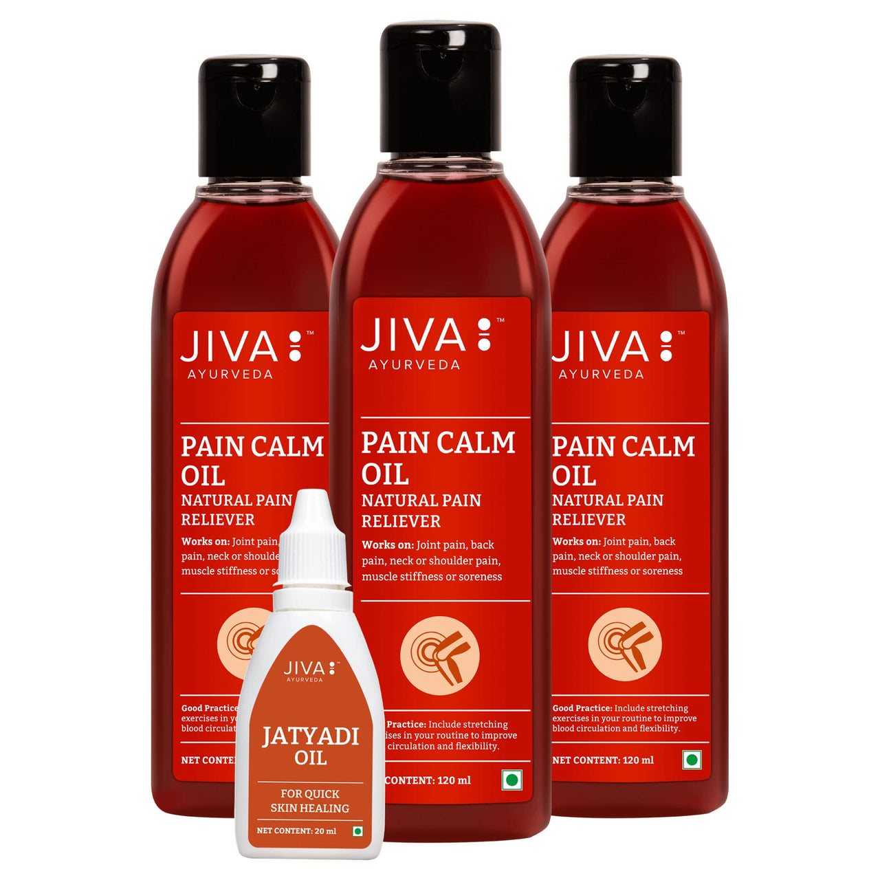 Jiva Pain Calm Oil 120ml With Free Jatyadi Oil 20 ml | 100% Ayurvedic Formula | Blend Of 5 Ayurvedic Oils | Relieves Muscle & Joint Pain | Controls Swelling & Joint Inflammation (Pack of 3)