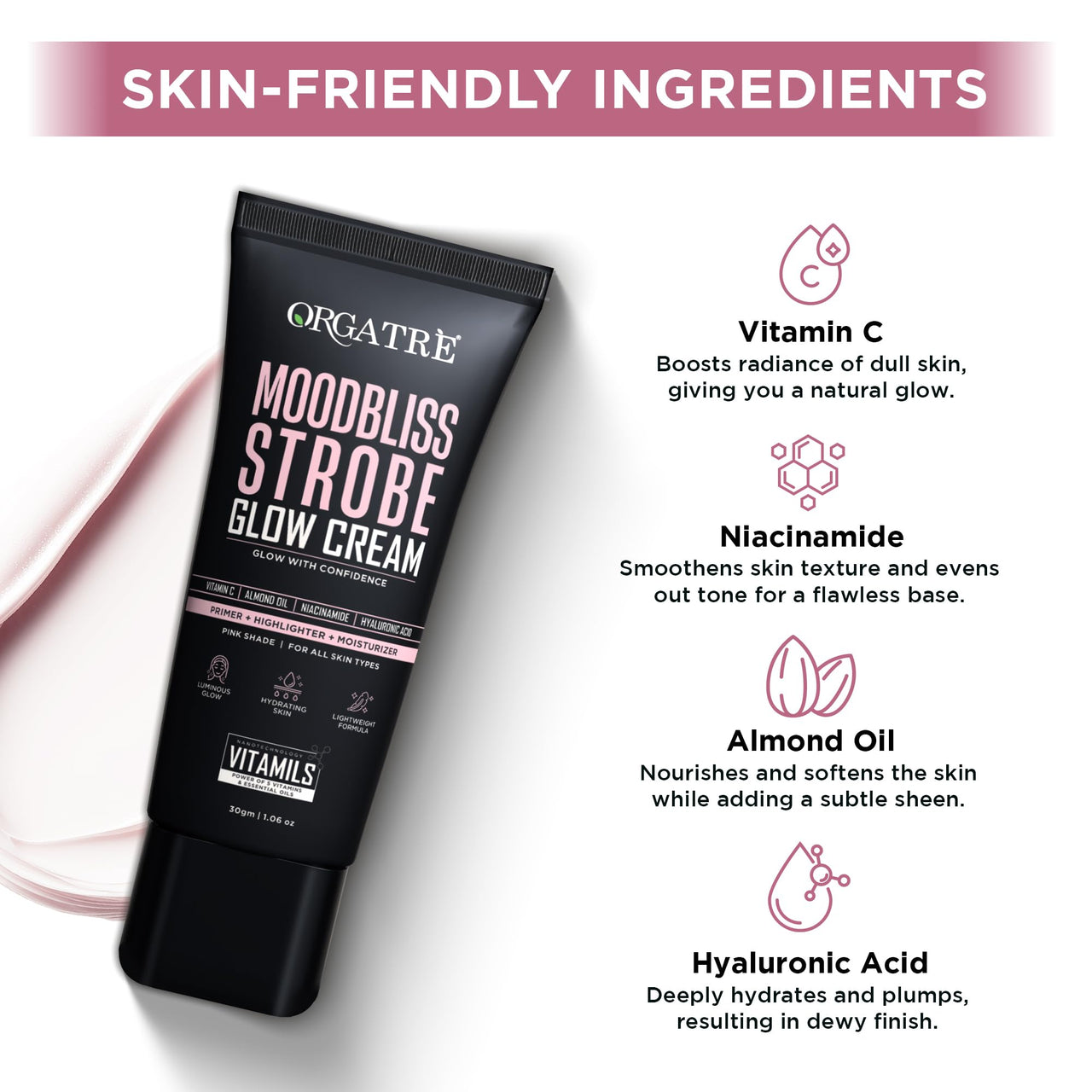 Orgatre Strobe Glow Cream for Instant Face Radiance | Primer Highlighter Moisturizer with Vitamin C, Almond Oil, Niacinamide & Hyaluronic Acid | Makeup Base for Oily Acne-Prone Skin | Pink Shade | 30g