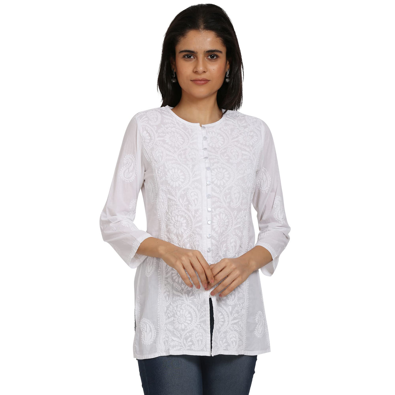 Paramount Women's  Chikankari White Ethnic Cotton Short Kurti/Top