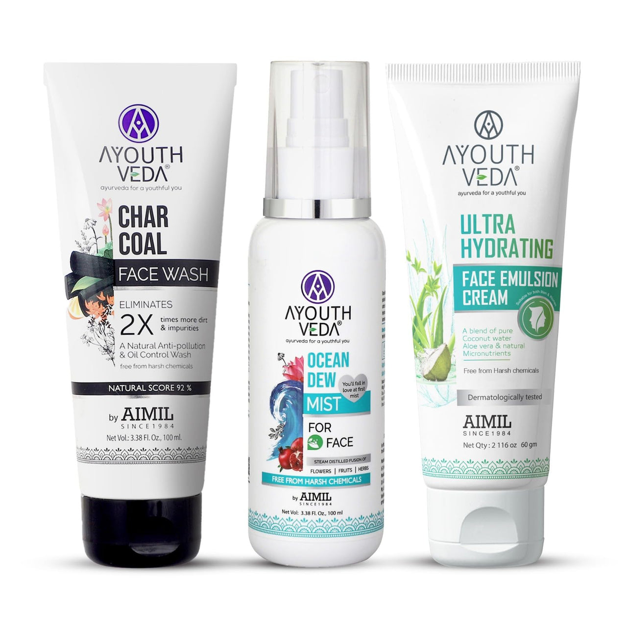 Ayouthveda CTM Combo For Dirt Free Clear Skin, Dark Spots, Refreshes Complexion Charcoal Face Wash(100ml) | Ocean Mist(100ml) | Ultra Hydrating Face Emulsion Cream With Aloe Vera & Coconut Water(60g)
