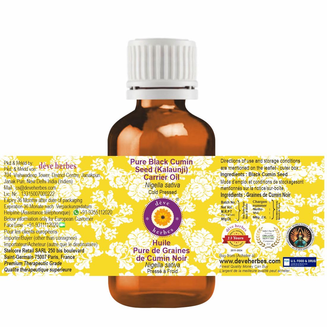 Deve Herbes Pure Black Cumin Seed (Kalaunji) Oil (Nigella sativa) | Cold Pressed | Natural | Undiluted | For Diluting Essential Oils | For Hair, Skin & Massage | Men & Women | 100ml
