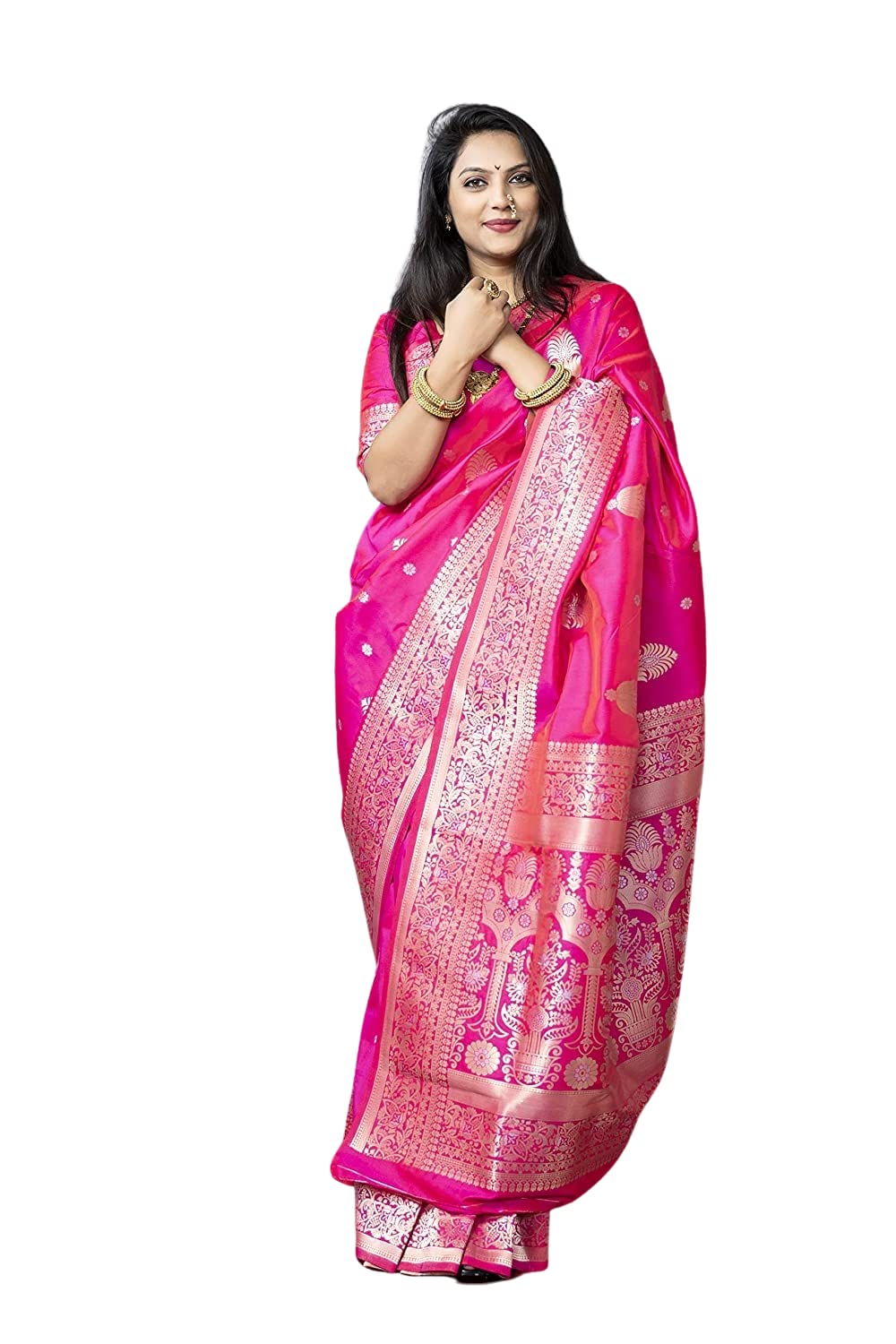 SGF11- Women's  Kanjivaram Pure Soft Silk Handloom Saree Pure Golden Zari With Blouse Piece