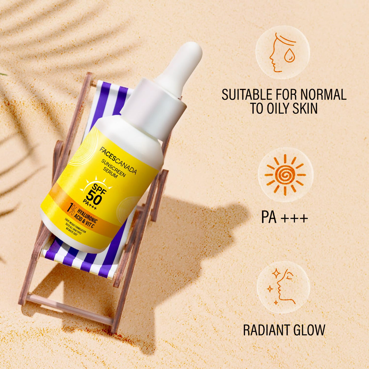 FACES CANADA Sunscreen Serum, 30ml | SPF 50 PA+++ | Protects From UVA & UVB Rays | 1% Hyaluronic Acid & Vitamin C | Lightweight | No White Cast | Natural Radiant Glow| No Alcohol | No Parabens
