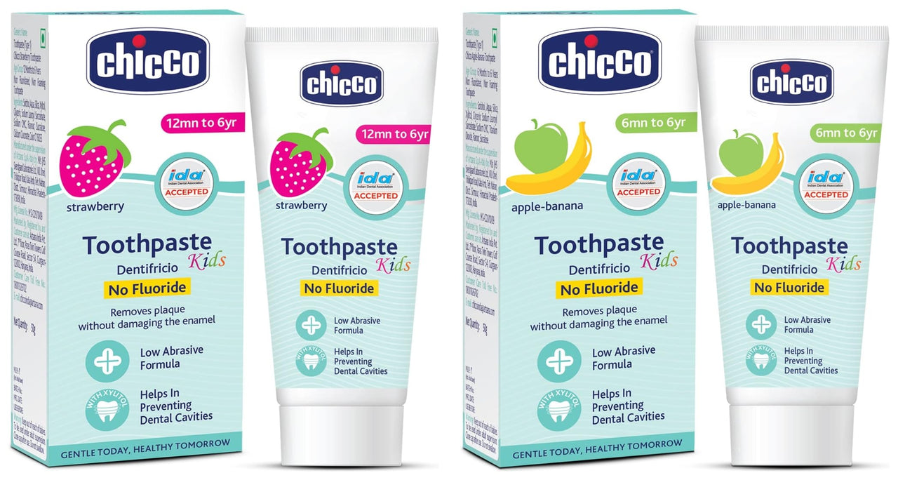 Chicco Toothpaste, Strawberry Flavour for 1Y to 6Y Bab (50g)&Chicco Toothpaste, Applebanana Flavour for 6m to 6Y Baby, Fluoride-Free, Preservative-Free,Cavity Protection (50 Millilitre)