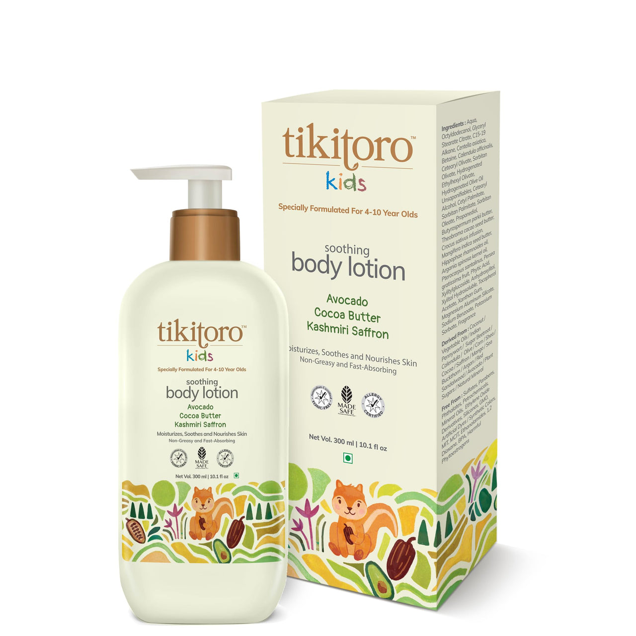 Tikitoro Kids Soothing Body Lotion | Pediatrician Approved | Moisturizes, Soothes & Nourishes Skin |100% Vegan with Avocado, Cocoa Butter, Kashmiri Saffron Extract |Daily Use (Age: 4+ Years) (300 x 1)