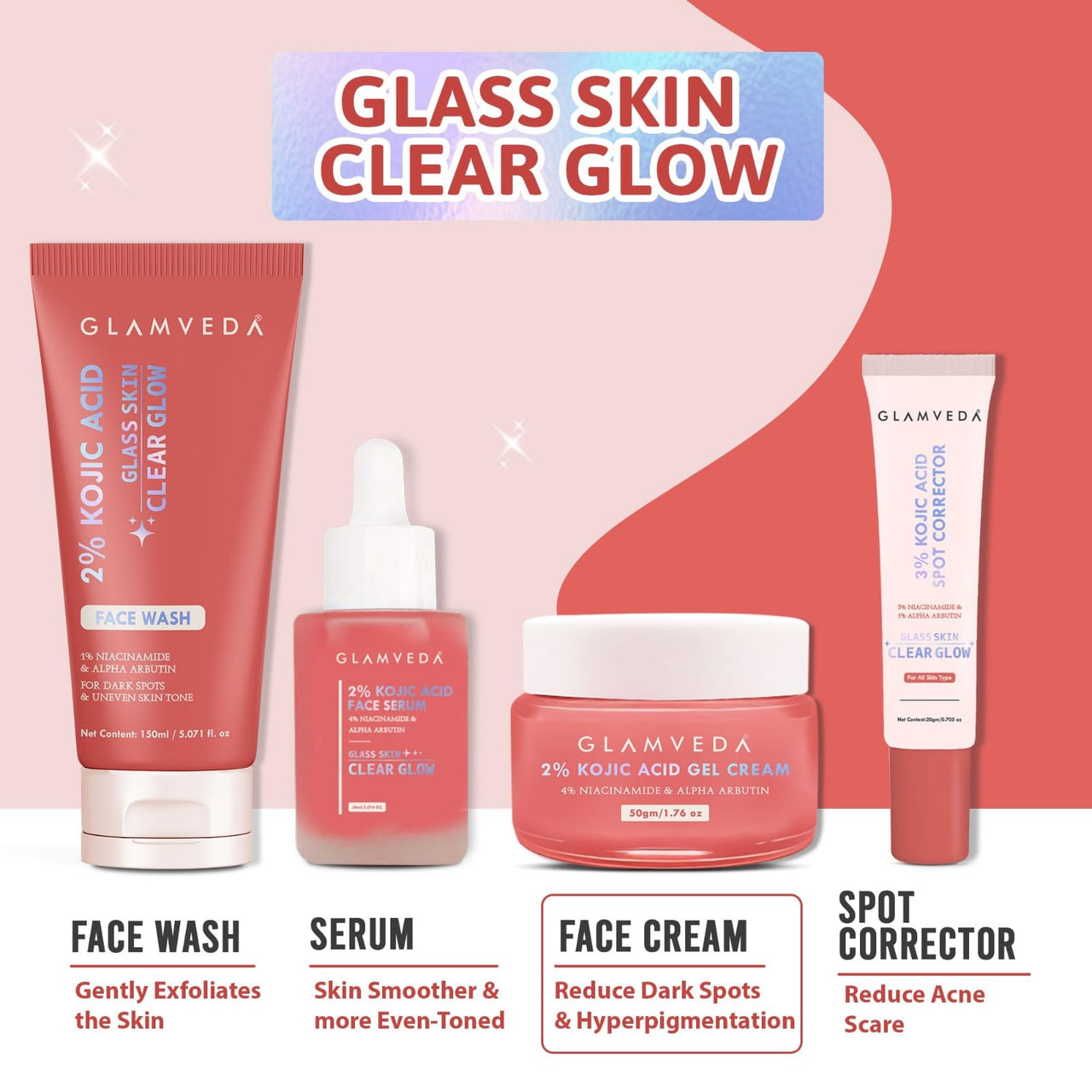 Glamveda 2% Kojic Acid Gel Cream with Niacinamide & Alpha Arbutin | Brightens Skin & Reduces Pigmentation | Fades Dark Spots & Acne Scars | For All Skin Types
