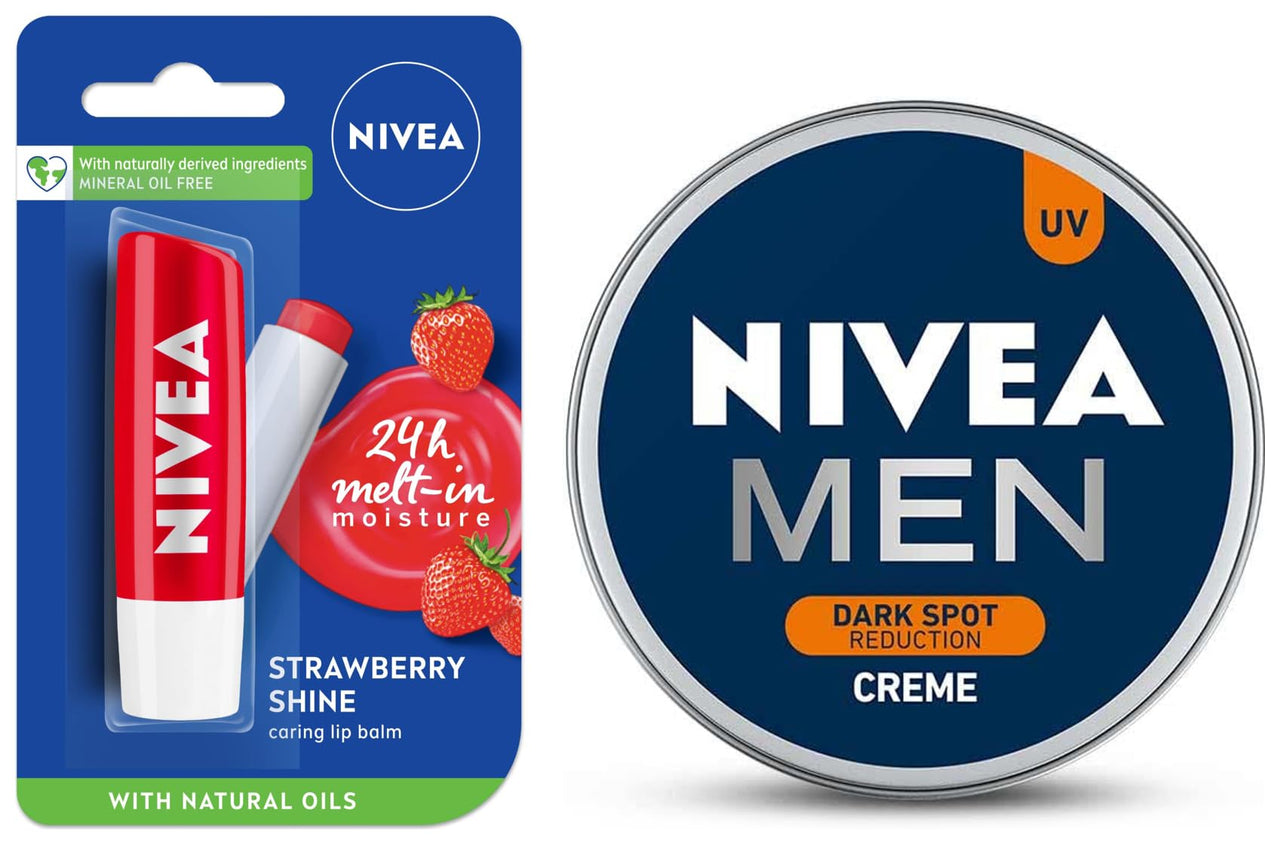 NIVEA Men Crème, Dark Spot Reduction, Non Greasy Moisturizer, Cream with UV Protect, 75 ml & NIVEA Lip Balm, Fruity Strawberry Shine, 4.8g