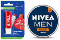NIVEA Men Crème, Dark Spot Reduction, Non Greasy Moisturizer, Cream with UV Protect, 75 ml & NIVEA Lip Balm, Fruity Strawberry Shine, 4.8g