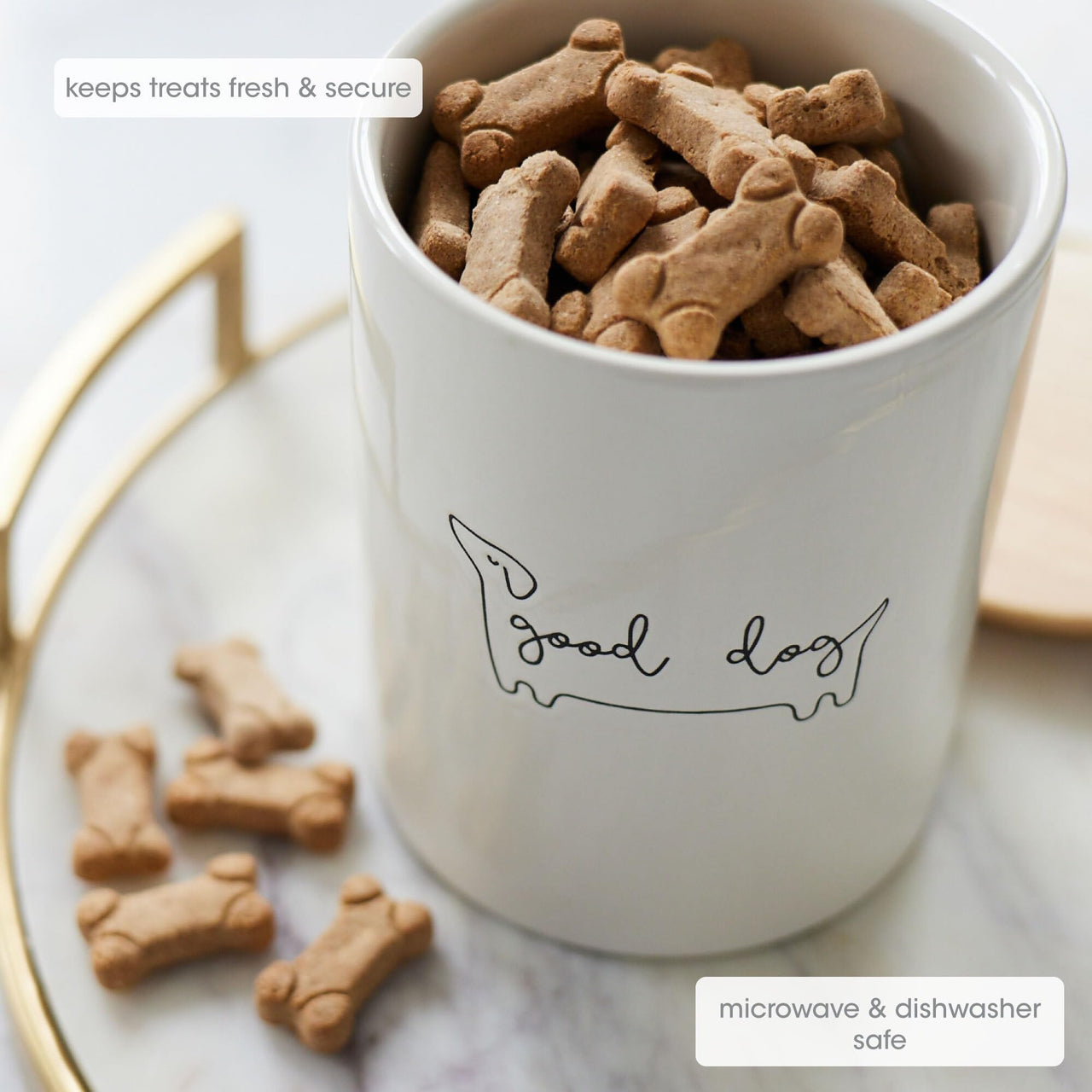 Pearhead Good Dog Treat Jar, Ceramic and Wood Pet Treat Canister, Neutral Modern Kitchen Decor, Pet Accessories, Dog Biscuit Storage Jar, Freshness Seal, Holds 4 Cups Treat Jar - Good Dog