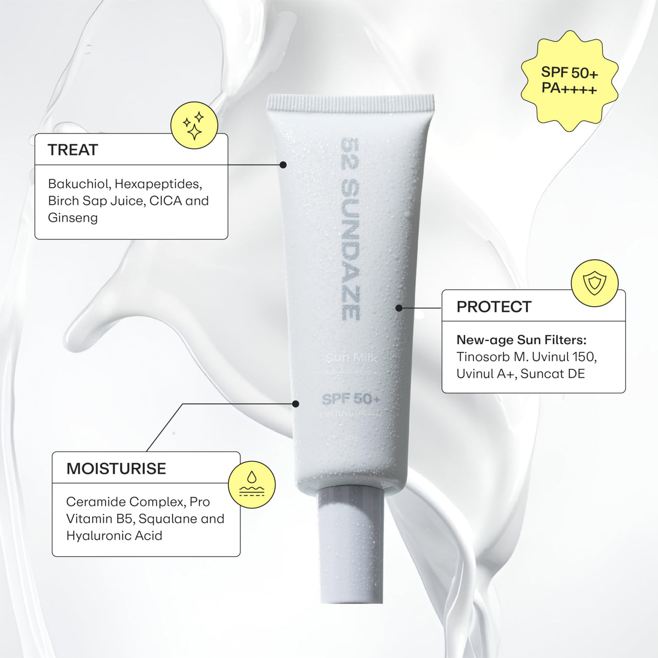 52 Sundaze Sun Milk SPF50 Multi Active Cream for Face | SPF 50+ PA++++ Sunscreen | Invisible Sun Screen | Broad Spectrum | For Oily & Dry Skin | No White Cast | Men & Women | 50 g