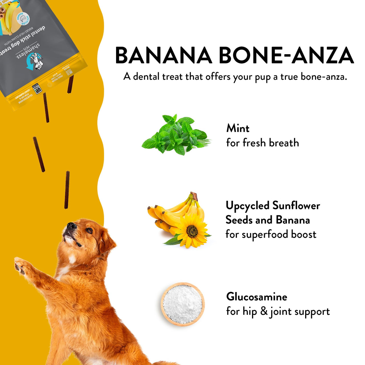 Shameless Pets Dental Treats for Dogs, Banana Bone-Anza (32 Sticks) - Dental Sticks with Hip & Joint Support for Teeth Cleaning & Fresh Breath - Dog Bones Dental Chews Free from Grain, Corn & Soy