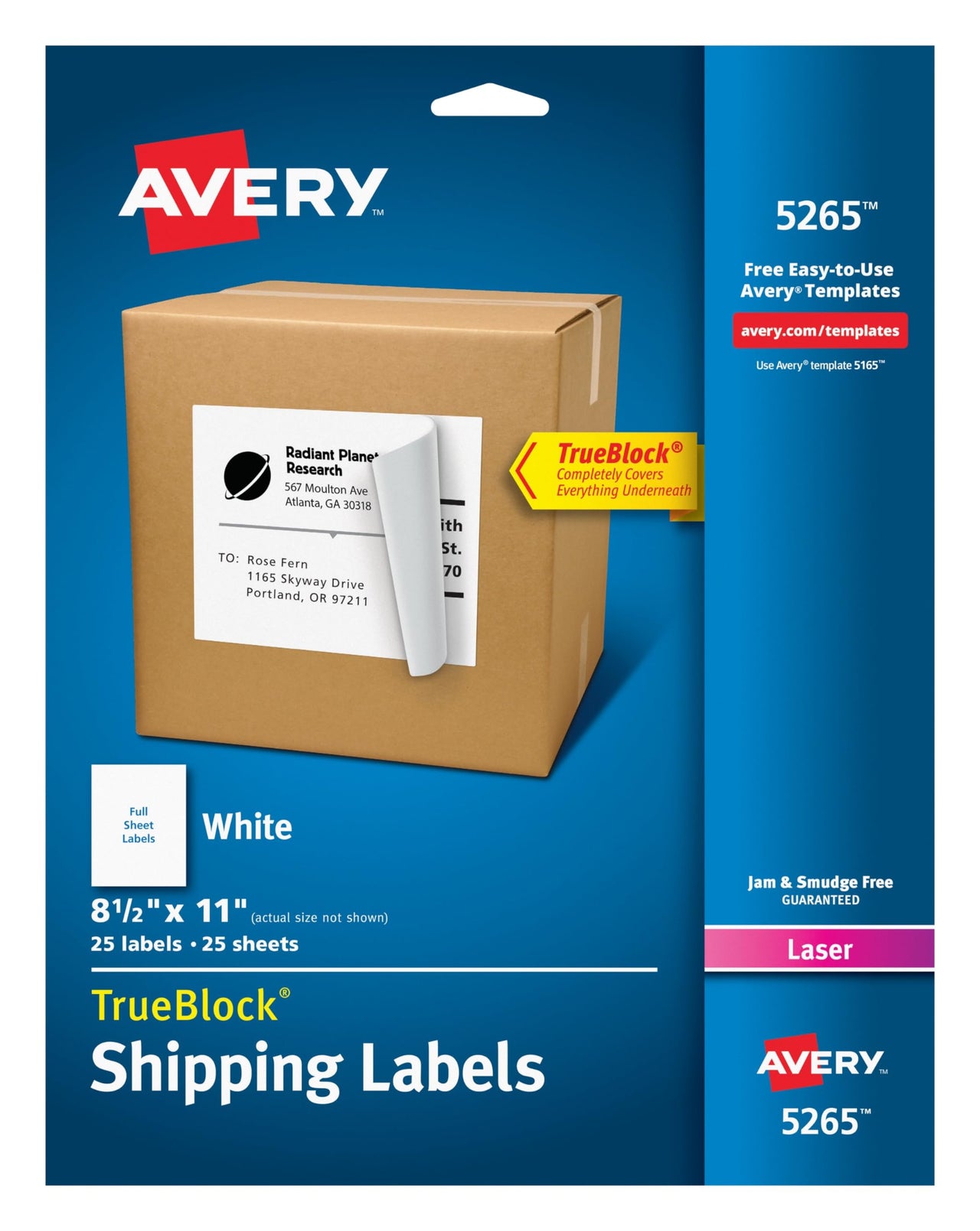 Avery Full Sheet Printable Shipping Labels, 8.5" x 11", White, 25 Blank Mailing Labels (5265) 25 labels