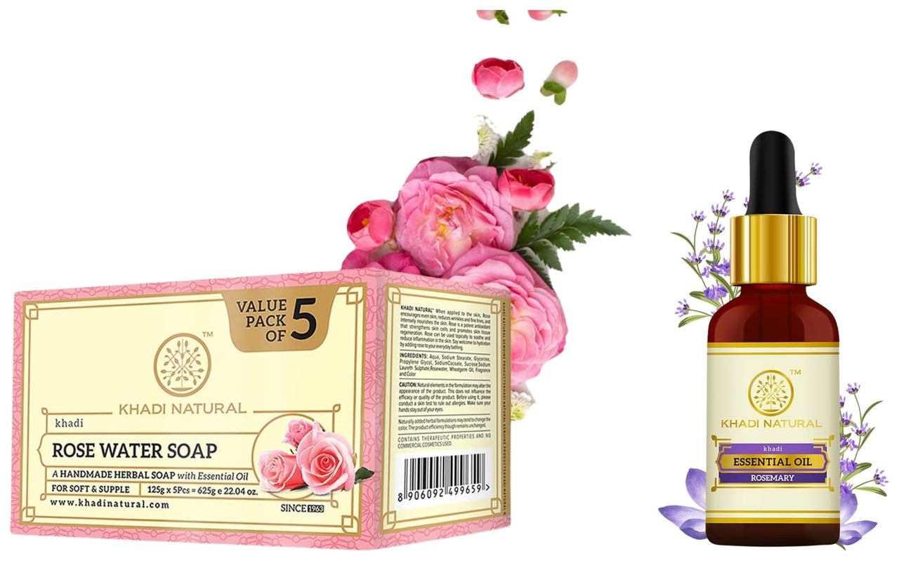 Khadi Natural Ayurvedic Rosemary Essential Oil, 15mlFor for Skin, Hair growth, Ayurvedic Rosewater Handmade Soap Hyderated & Nourishes Skin (Pack of 5) (5x125 g) (625 g)