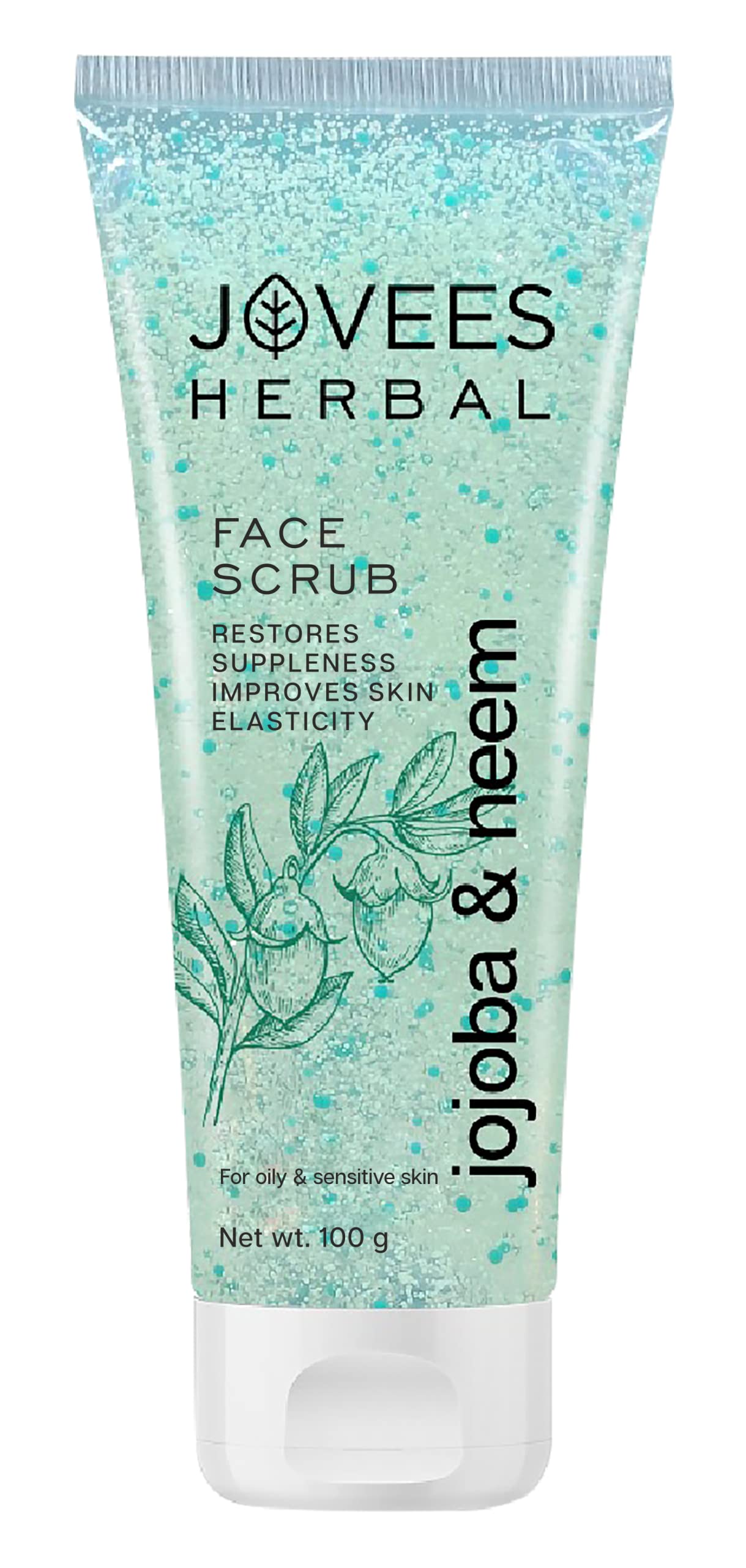Jovees Herbal Jojoba & Neem Face Scrub | With Neem & Wheatgerm Extract | For Oily to Sensitive Skin | Gently Removes Dead Skin | Reduces Signs Of Premature Ageing 100 G