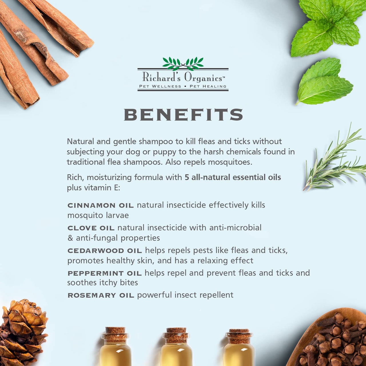 Richard’s Organics Flea and Tick Shampoo for Dogs – 100% All-Natural Actives Kills Fleas, Ticks and Repels Mosquitos – Gentle, Won’t Dry Skin, Great Smelling Essential Oils (12oz bottle),FG00440 12 Ounce