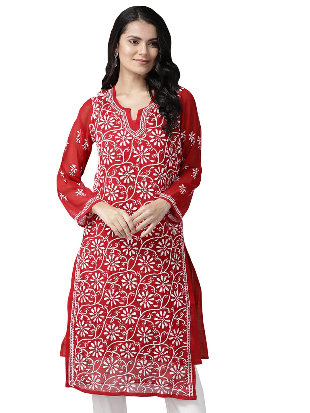 Ada Hand Embroidered Lucknowi Chikankari Women's  Faux Georgette Kurti Kurta with Slip A90361