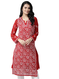 Ada Hand Embroidered Lucknowi Chikankari Women's  Faux Georgette Kurti Kurta with Slip A90361