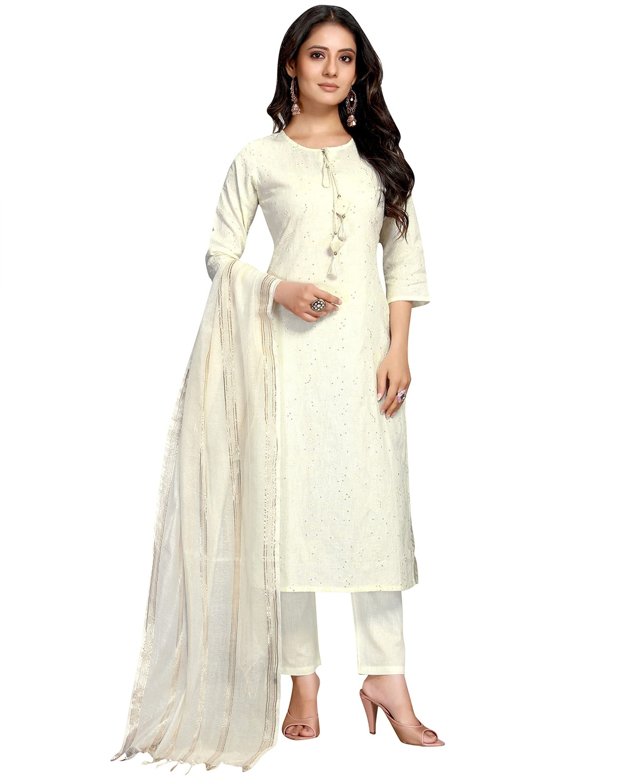 Rajnandini Women's  Pure Cambric Cotton Embroidered Kurta Set With Dupatta