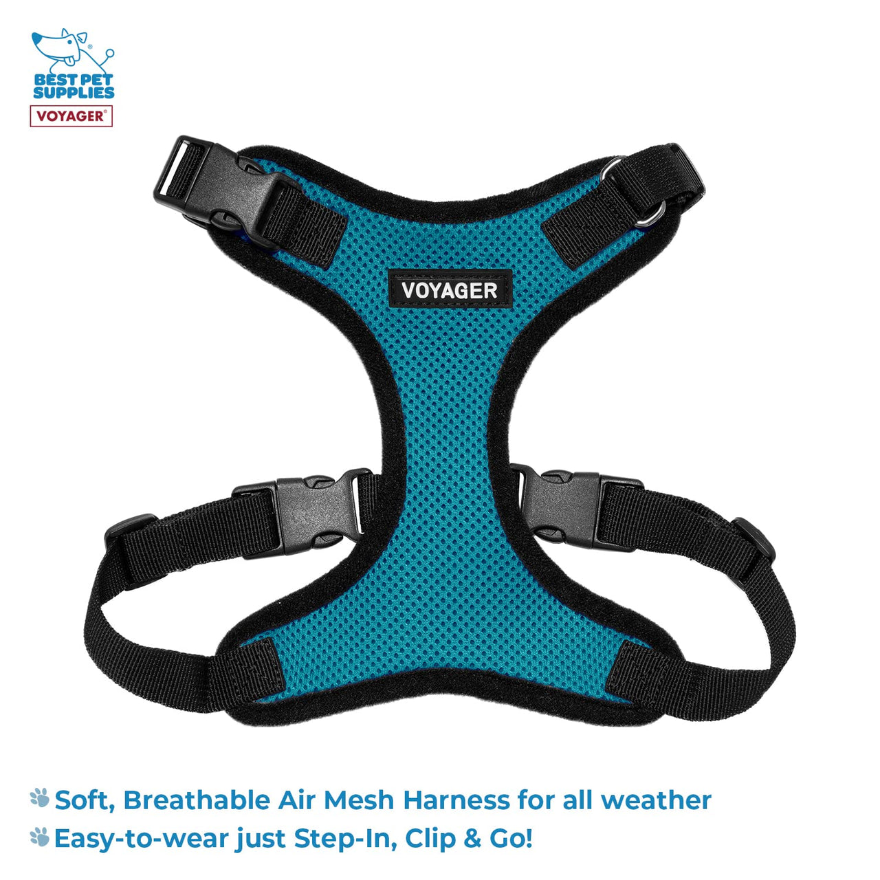 Voyager Step-in Lock Dog Harness w Reflective Dog Leash Combo Set with Neoprene Handle 5ft - Supports Small, Medium and Large Breed Puppies/Cats by Best Pet Supplies - Turquoise/Black Trim, XS
