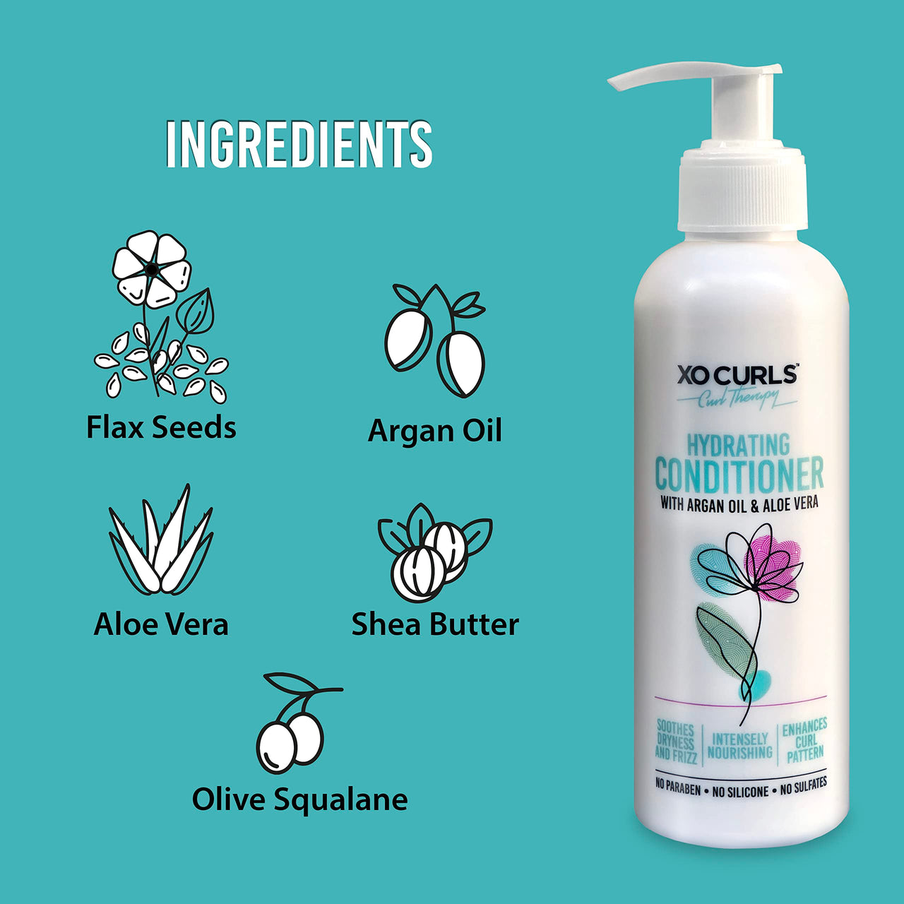 XO Curls Hydrating Conditioner with Argan Oil and Aloe Vera; a Curly Hair Therapy Range that gives Women & Men frizz-free, soft natural curls
