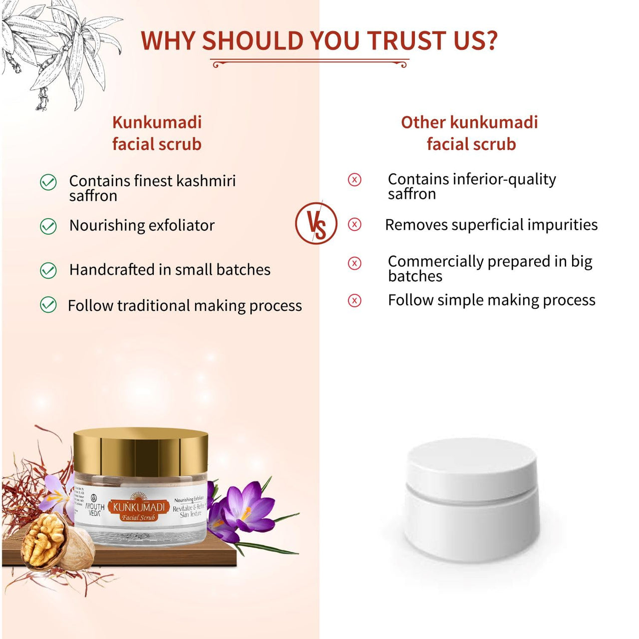 Ayouthveda Kunkumadi Face Scrub | Revitalize & Refine Skin Texture | With Walnut, Finest Kashmiri Saffron & Sunflower Extract | Cleanse Impurities & Promote New Cell Growth (Pack Of 1-50g)