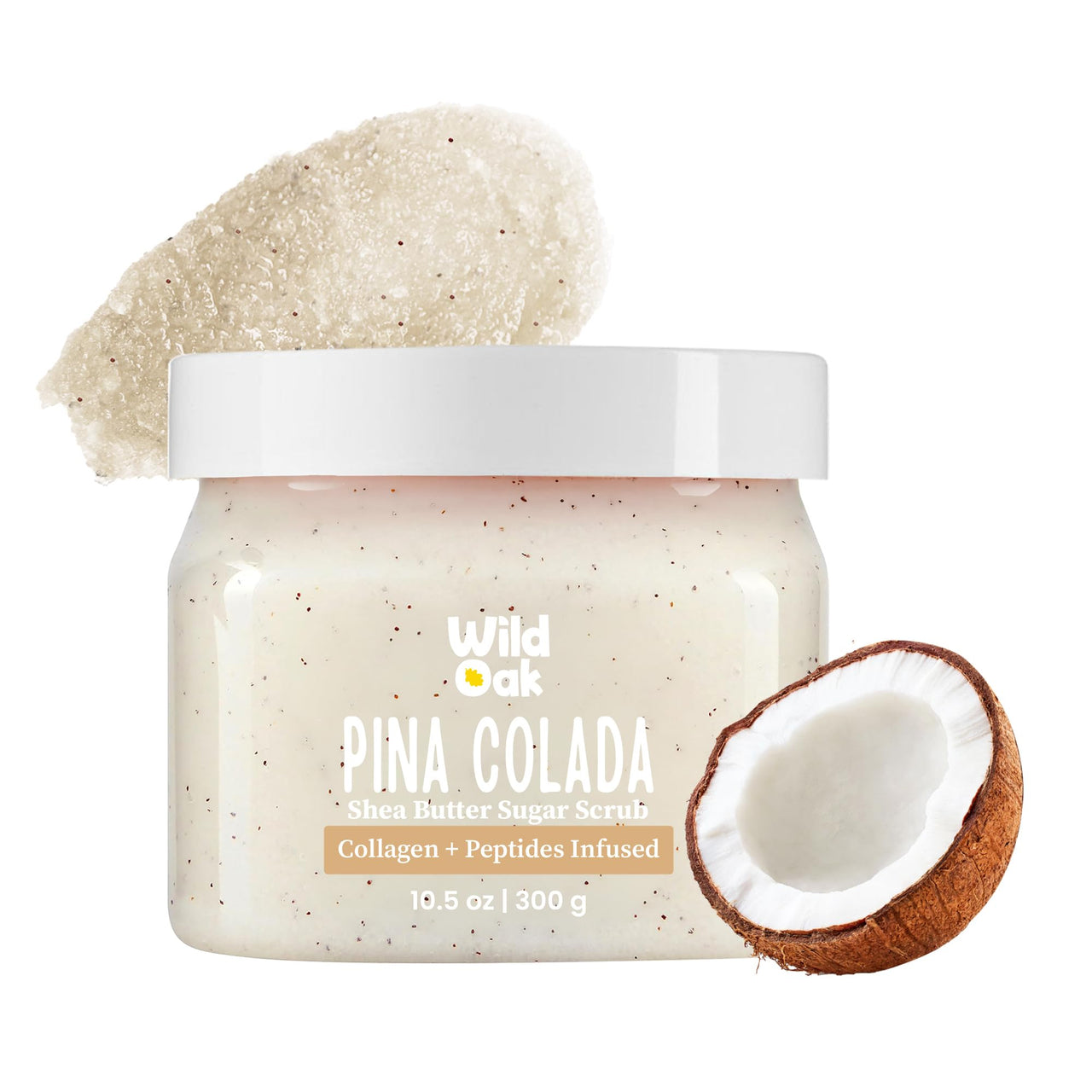 WildOak Pina Colada Shea Butter Sugar Scrub | 300gm | With Collagen & Peptides | Tan Removal | Lightens Dark Area Like Neck & Elbows | Smoothen Bumpy Legs & Hands | Ultra Hydrating & Exfoliating Scrub