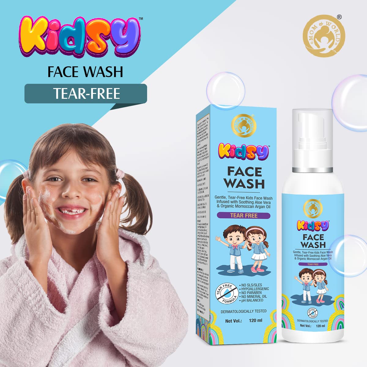 Mom & World Kidsy Face Wash Tear Free, 120ml + Baby Sunscreen Lotion Spf 50 Pa+++