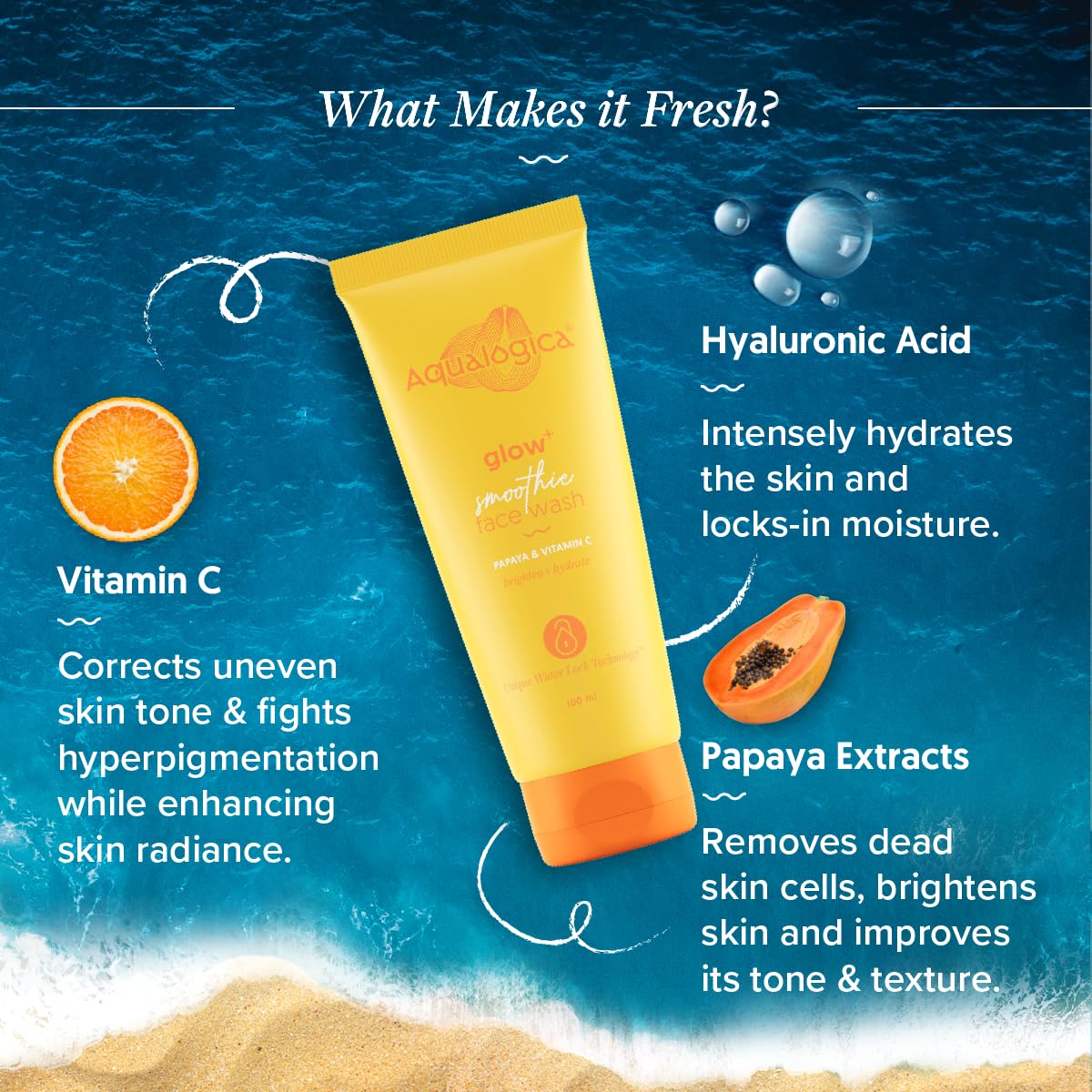 Aqualogica Glow+ Smoothie Face Wash with Vitamin C, Hyaluronic Acid & Papaya for Tan Removal -For Men & Women | Glowing, Oily, Dry & Sensitive Skin -100ml | Pack of 2