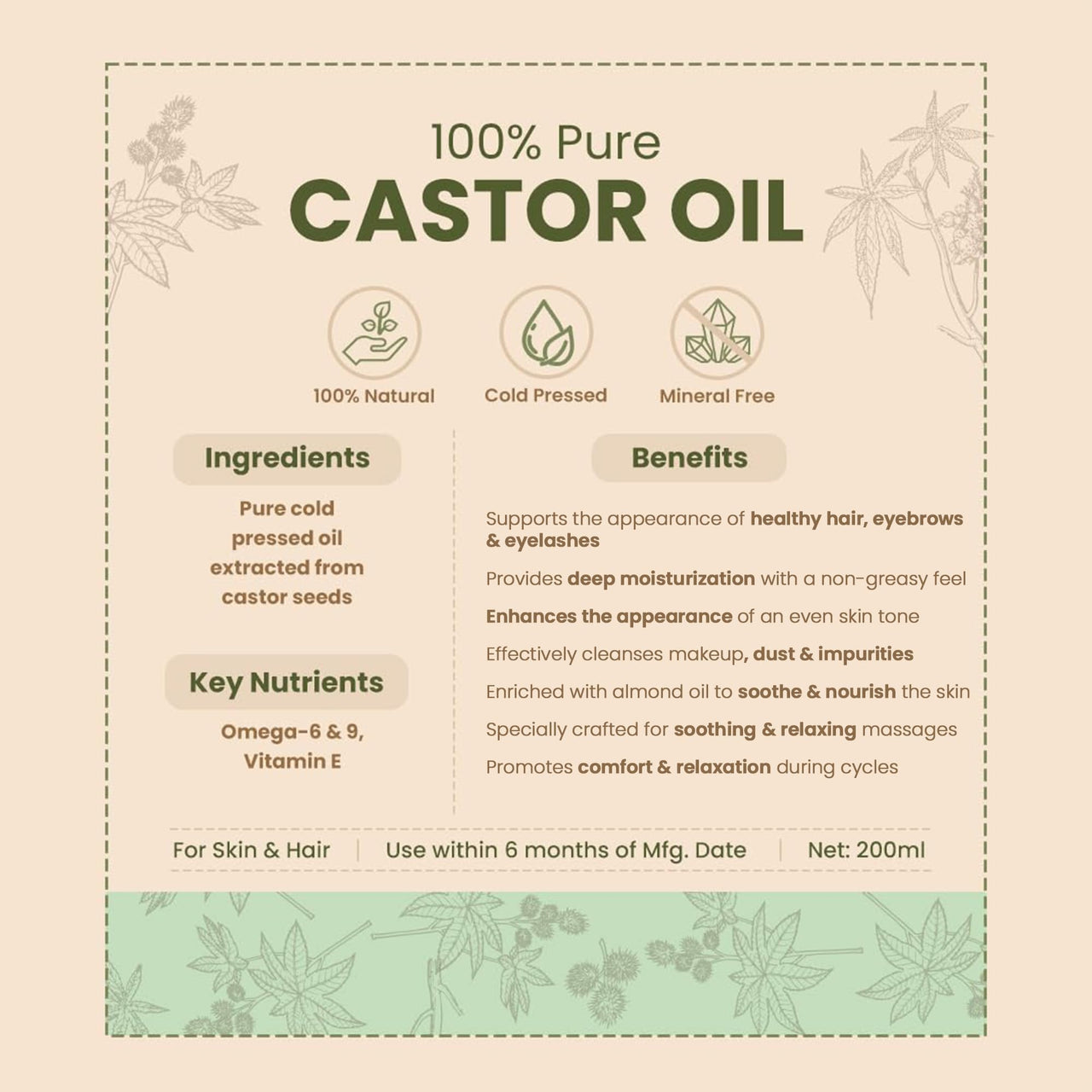 Nat Habit Cold Pressed Jamaican Black Castor Oil for Hair & Eye Lashes Growth, 100% Pure Castor (Arandi) Oil for Women & Men, Skin & Hair With Vitamin E, Omega-6 & 9, Mineral Free - (200 ml)