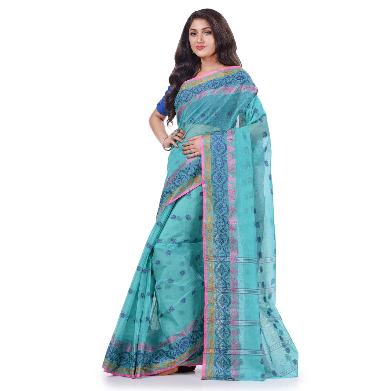 dB DESH BIDESH Women`s Traditional Bengal Tant Tri Leaf Woven Design Pure Handloom Cotton Saree Without Blouse Piece