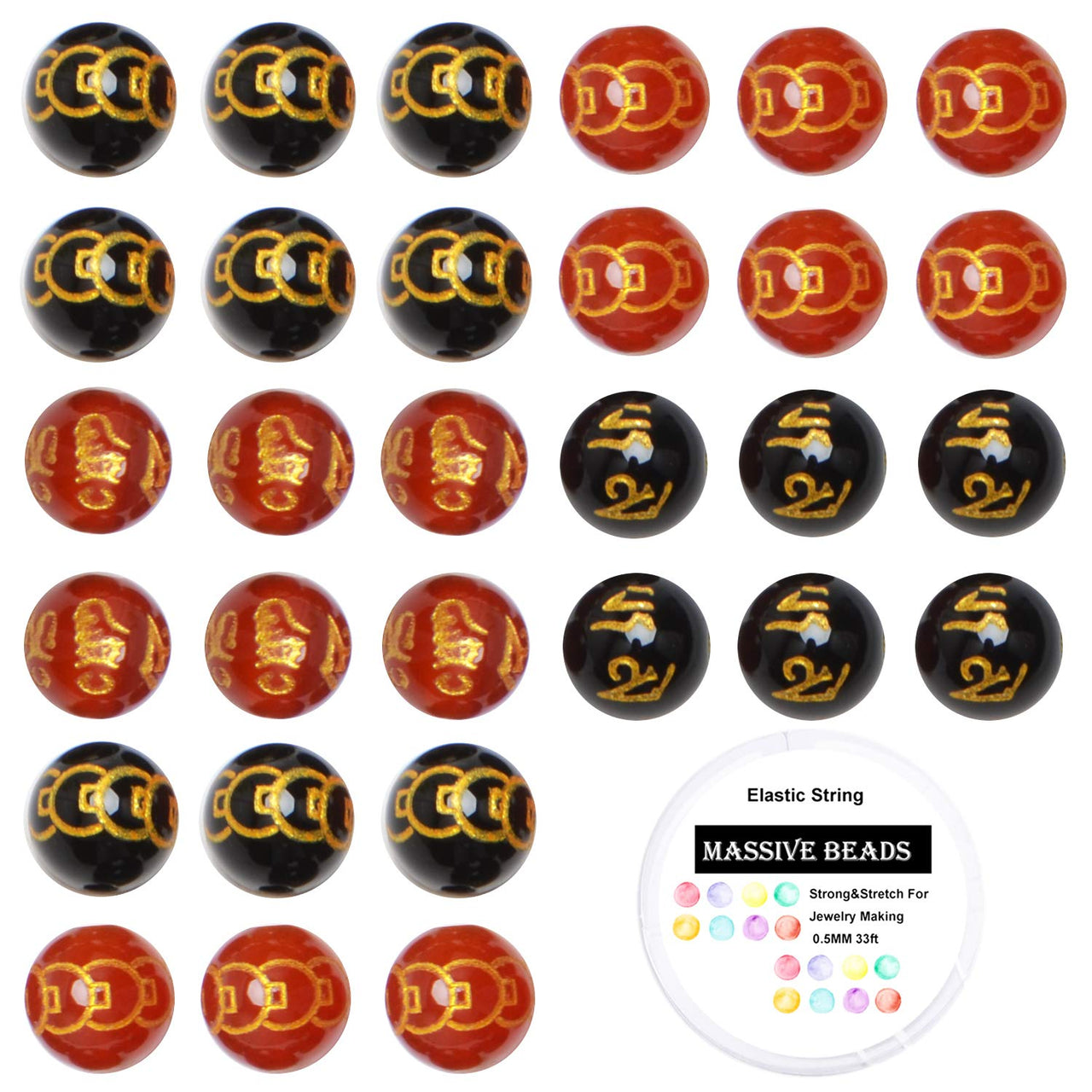 100Pcs Natural Crystal Beads Stone Gemstone Round Loose Energy Healing Beads with Free Crystal Stretch Cord for Jewelry Making (Craved Bronze Coin Mantra Red Black Agate, 6MM) Craved Bronze Coin Mantra Red Black Agate