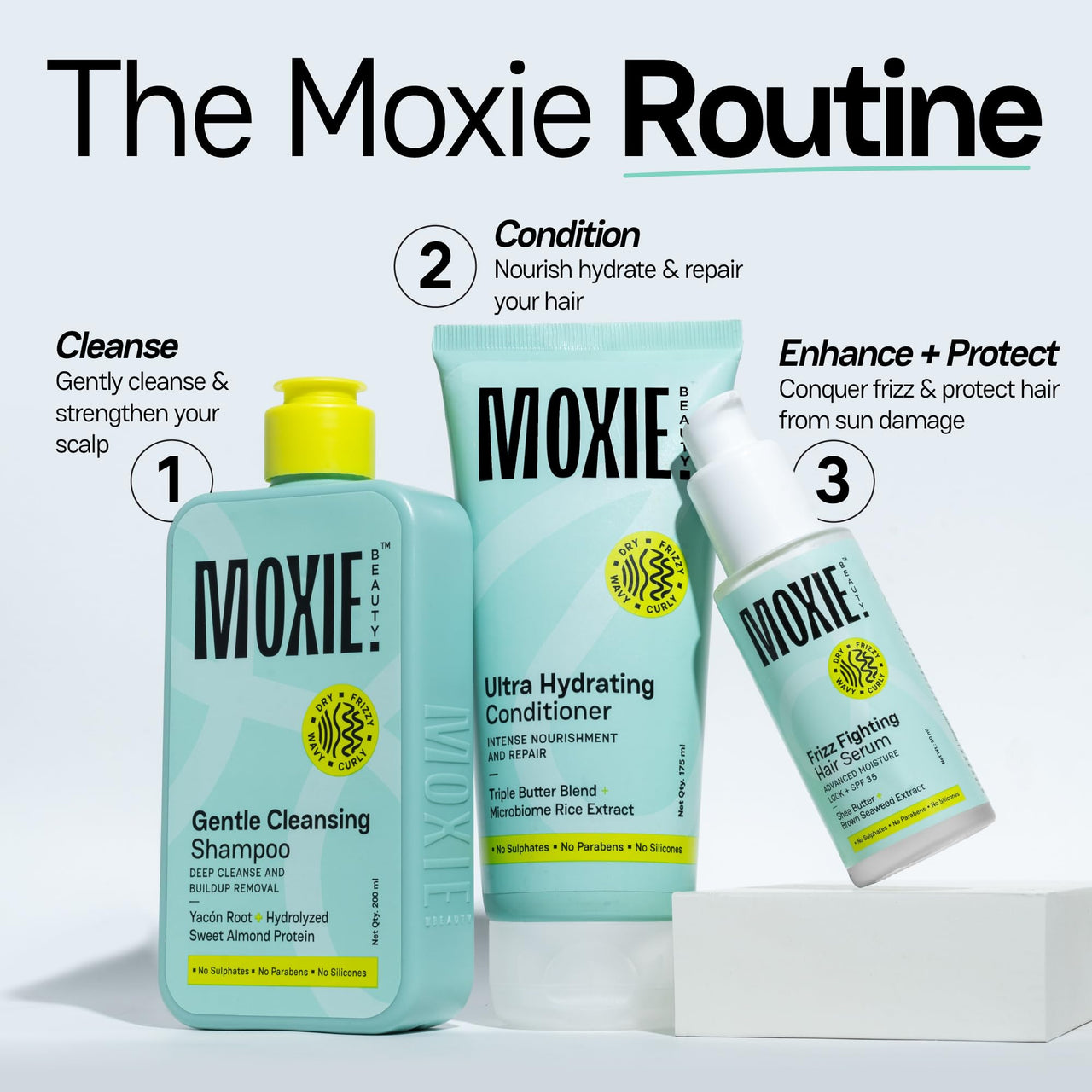 Moxie Beauty Ditch-The-Frizz Trio | Gentle Cleansing Shampoo (200ml), Ultra Hydrating Conditioner (175ml) & Frizz Fighting Hair Serum (50ml)
