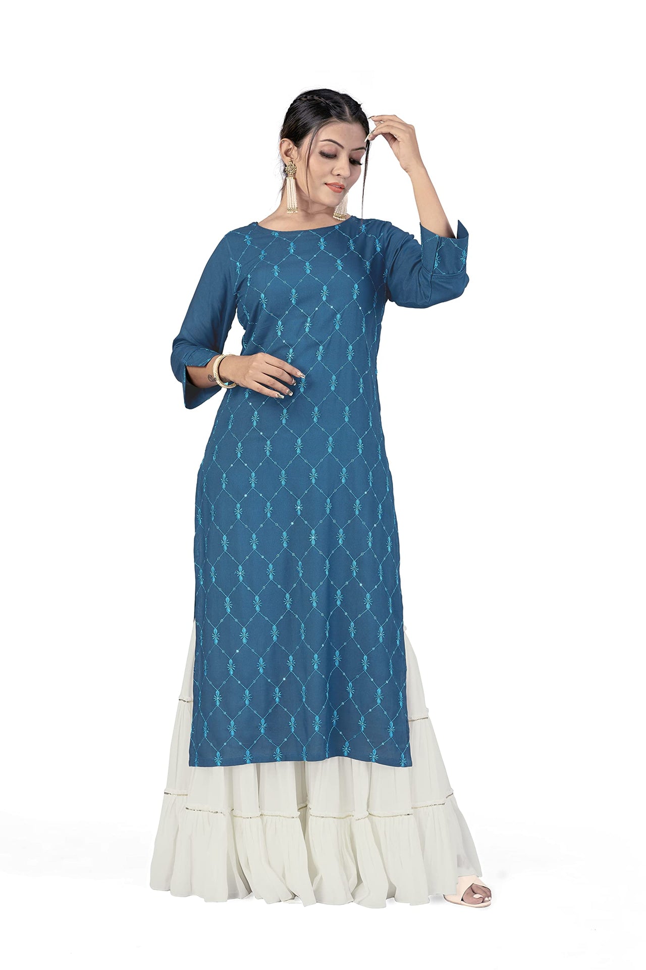 Fashion Dream Women Viscose Rayon Sequence Embroidered Straight Kurti
