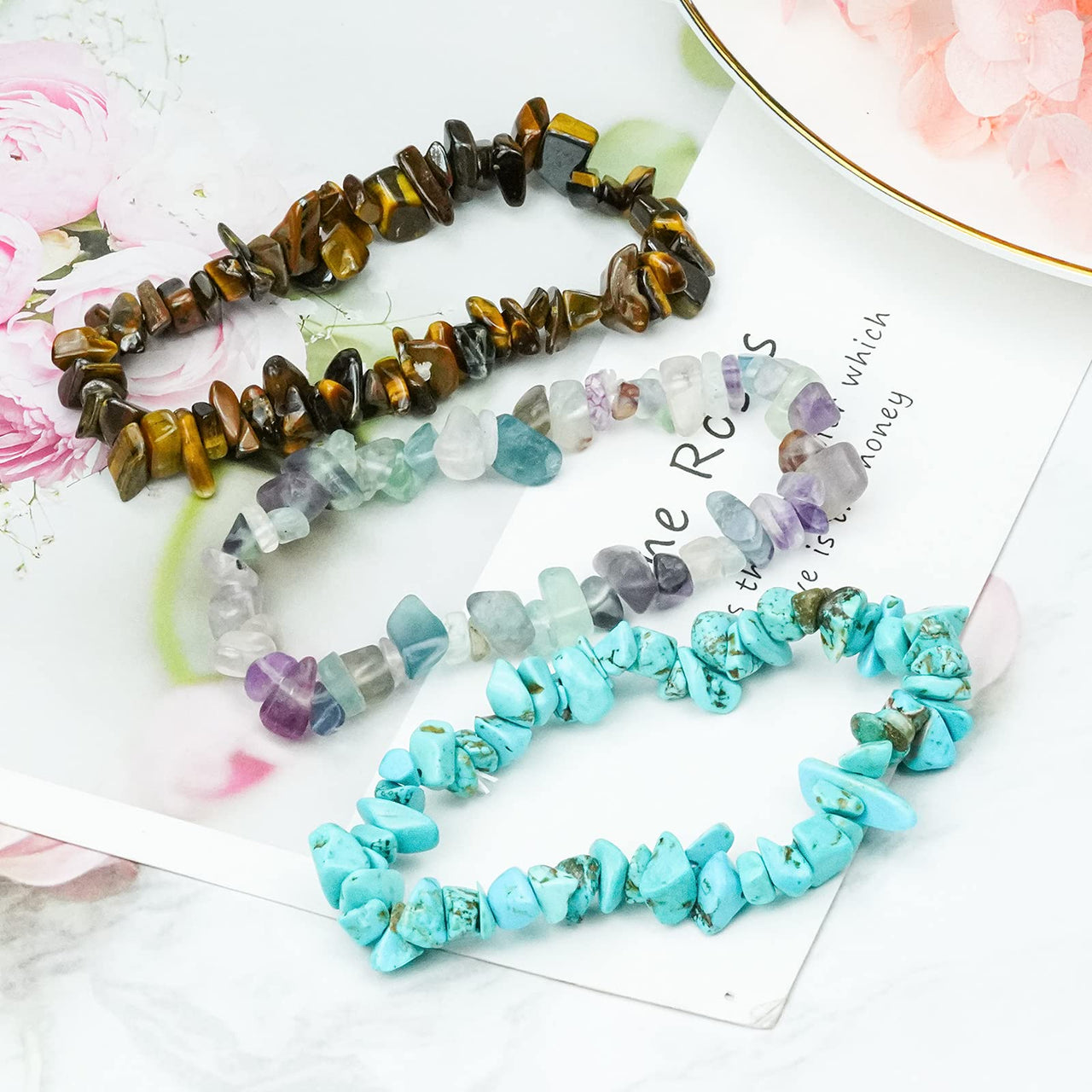 Rbenxia 12 Chakra Stones Healing Crystals Natural Gemstone Chakra Crystal Bracelets Colorful Gravel Chakra Bracelets Irregular Tumble Polished Healing Reiki Stretch Chip Bracelets