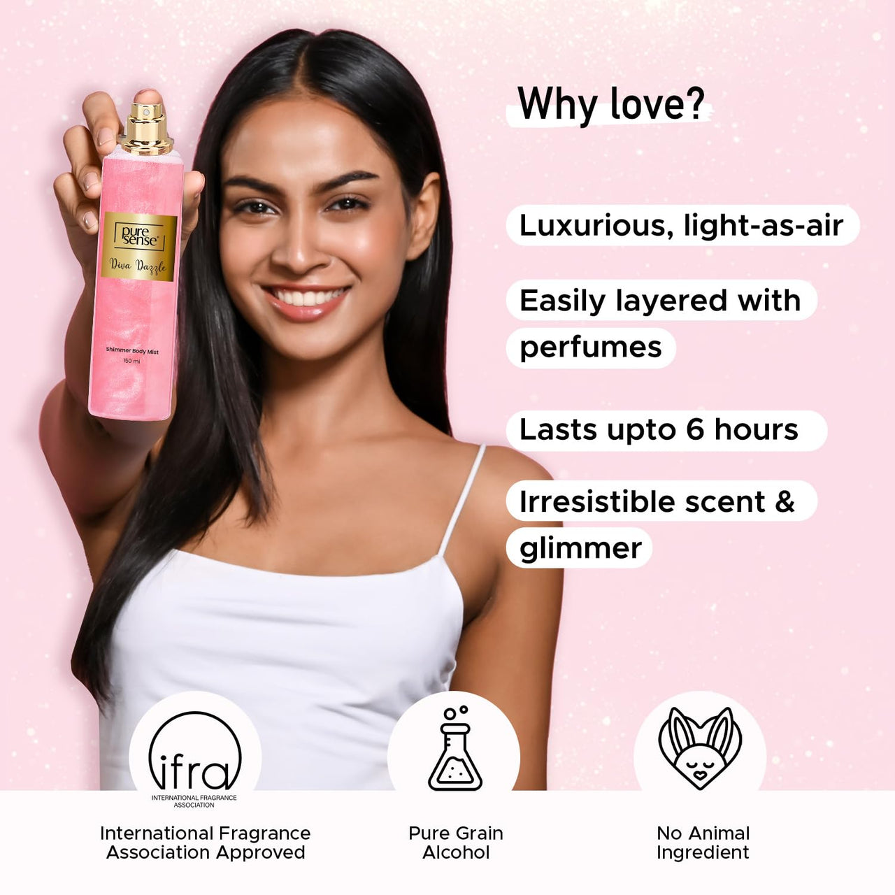 PureSense Diva Dazzle Pink Shimmer Body Mist Spray for Women | Long Lasting Luxury Refreshing Fragrance | Travel Friendly | 150ml