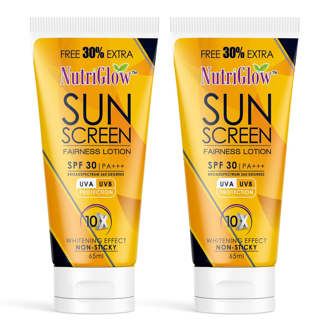 NutriGlow Sunscreen Fairness Lotion SPF 30 & PA+++, Non Greasy & Water Resistant , Broad Spectrum, UV A & UV B Blue Light Protection For Unisex, Body & Face, Suitable for Oily, Dry, Sensitive & Combination Skin (65 ml) ( Pack of 2 )
