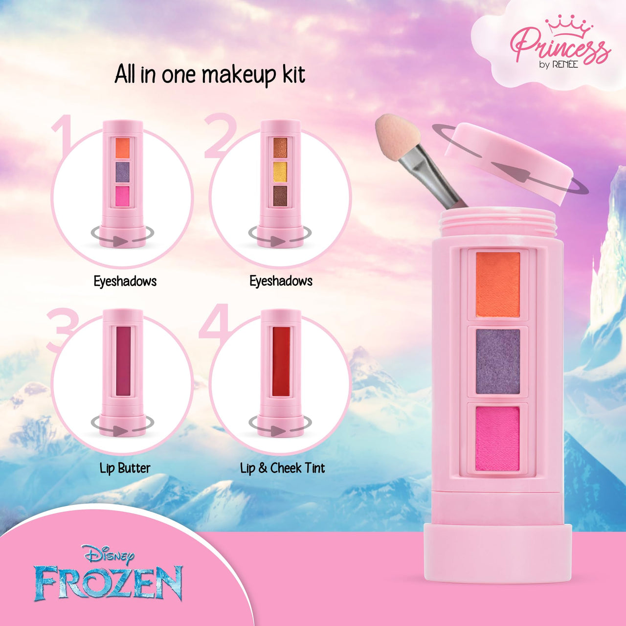 RENEE Disney Frozen Princess Unicorn Makeup Kit Elsa 7.4 Gm,Pre-Teen Girls,Includes 2 Matte,4 Shimmer Eyeshadows,Lip Butter,Lip&Cheek Tint,Compact&Travel Friendly,Cruelty-Free&Vegan, 1 Count