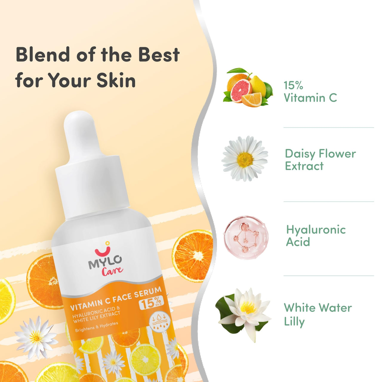 Mylo 15% Vitamin C Face Serum with Hyaluronic Acid & Daisy Flower Extract | Brightens Skin | Reduces Fine Lines, Wrinkles & Dark Spots 30 ml