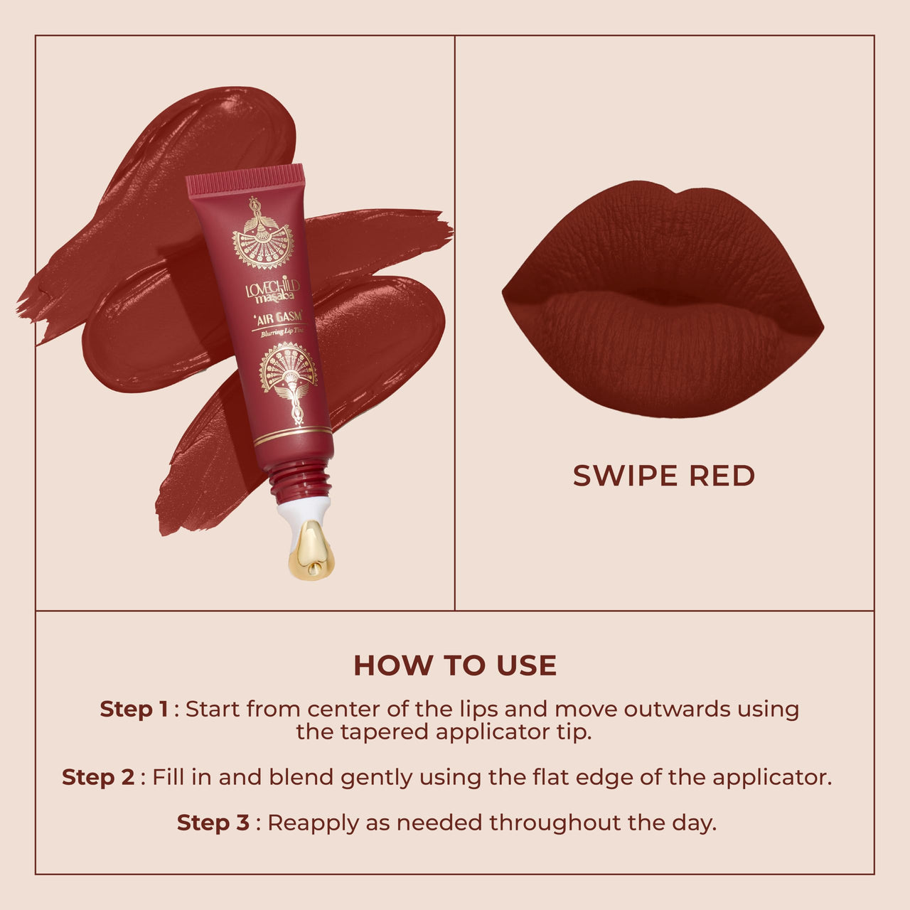 LoveChild Masaba Blurring Lip Tint, Swipe Red (Reddish Pink), Lightweight, Velvety Matte Finish, Hydrating Lip Color with Hyaluronic Acid, Squalane & Shea Butter, For All Indian Skin Tones, 8ml