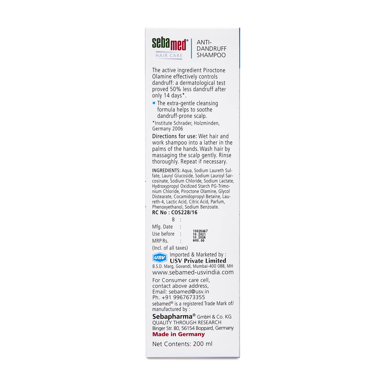 Sebamed Anti Dandruff Shampoo 200 ml | pH 5.5 | Reduces dandruff, scalp itching and irritation | Piroctone Olamine | Phthalates, SLS, Toxin and Parabens free | 50% dandruff reduction in 2 weeks | Pack of 4