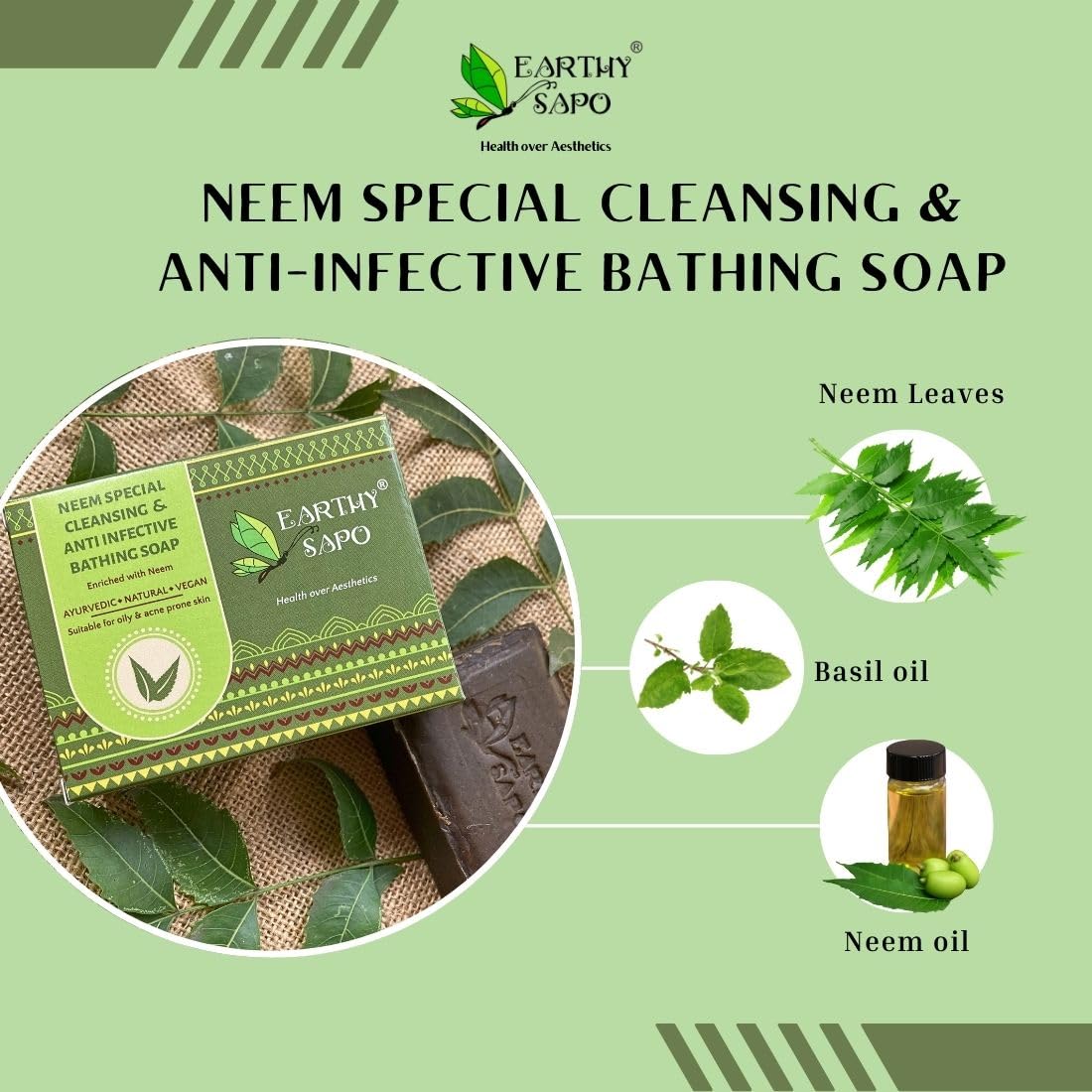 Earthy Sapo Handmade Neem Bathing Soap, 100g, Pack of 1 | Natural Cleansing Soap | Neem-Based Formula for Daily Use | For oily skin | Vegan, Eco-Friendly, Free from Chemicals