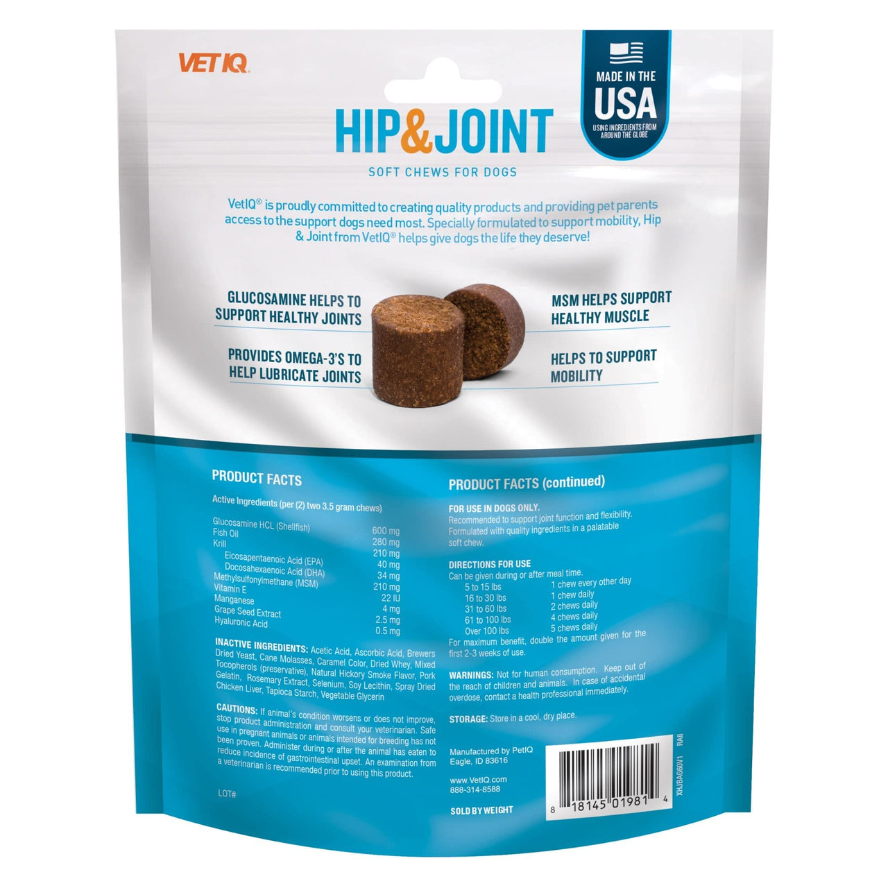 VetIQ Glucosamine Hip & Joint Supplement for Dogs, 60 Soft Chews, Dog Joint Support Supplement with MSM and Krill, Dog Health Supplies Large & Small Breed, Chicken Flavored Chewables Standard Strength 60 Count (Pack of 1)
