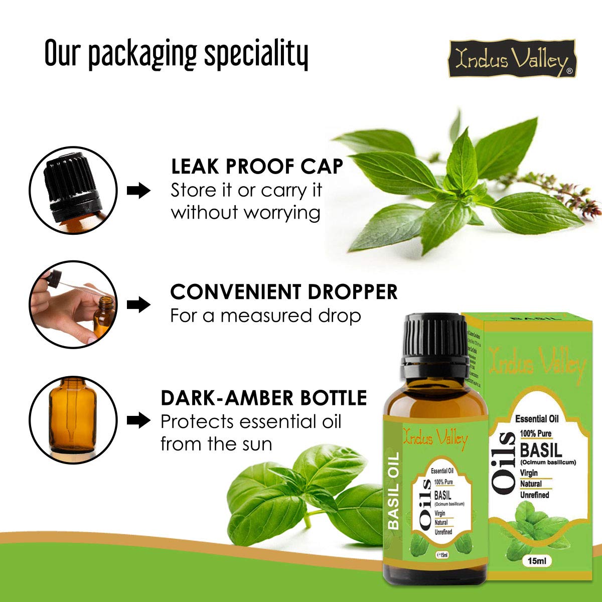 Indus Valley 100% Pure Natural & Organic, Undiluted Basil Essential Oil with Glass Dropper for Skin, Hair Care -15ml