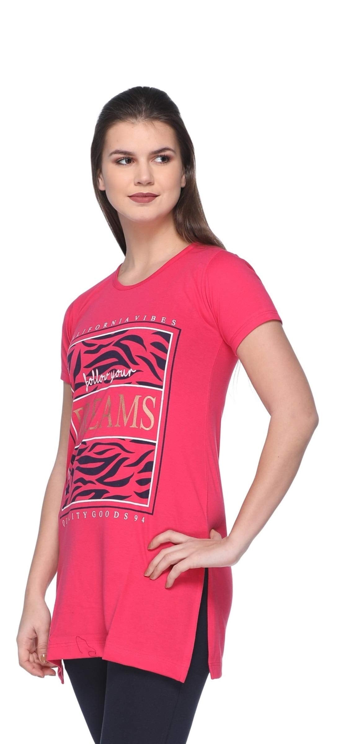 In Love Ladies Long Knee Length Chest Printed Side Slits Tshirts