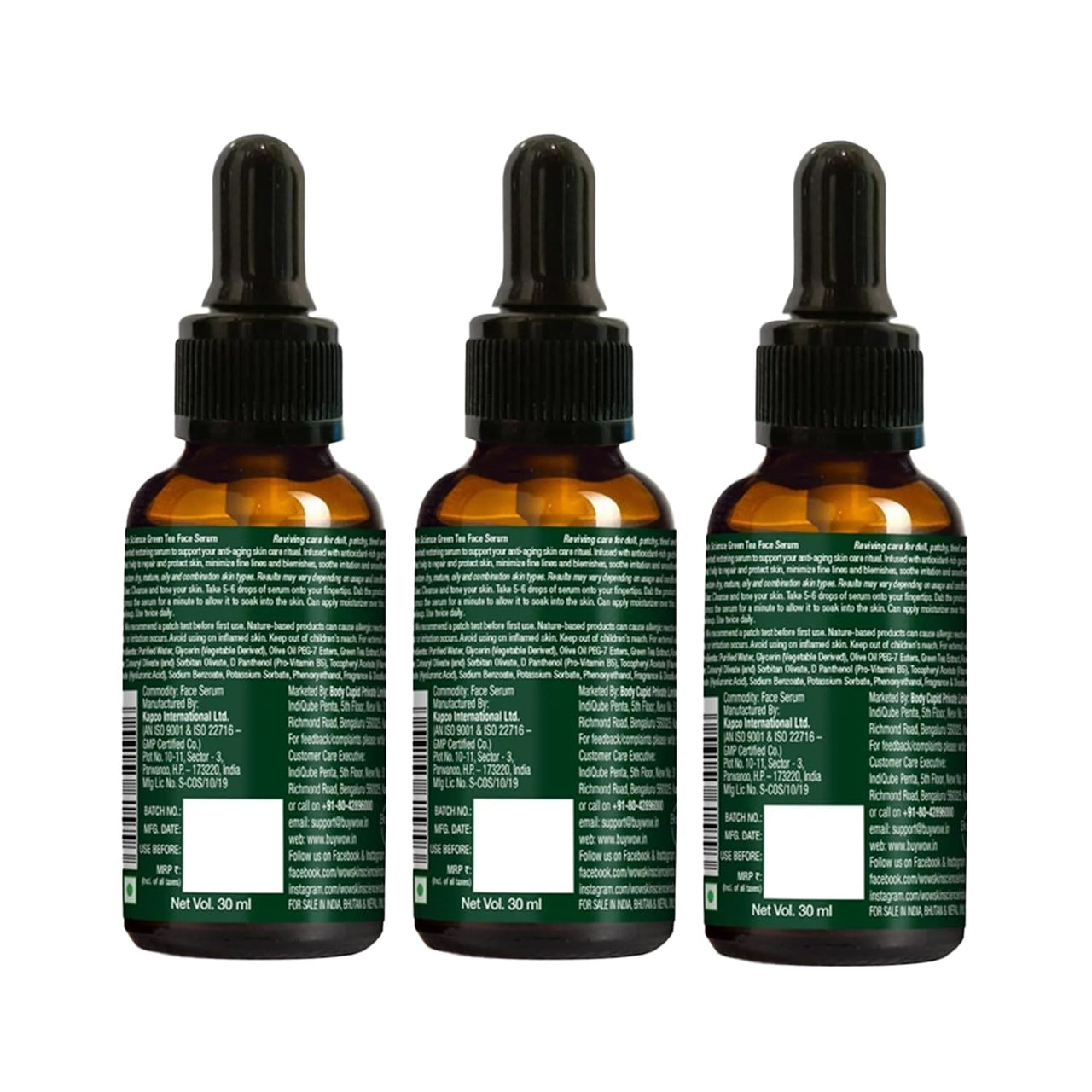 WOW Skin Science Green Tea Face Serum | Aloe Vera Extract with Pro Vitamin B5 & Vitamin E | Anti Aging, Skin Repair | Blemishes, Fine Lines, Smooth Skin | No Parabens | 30 ml | Pack of 3
