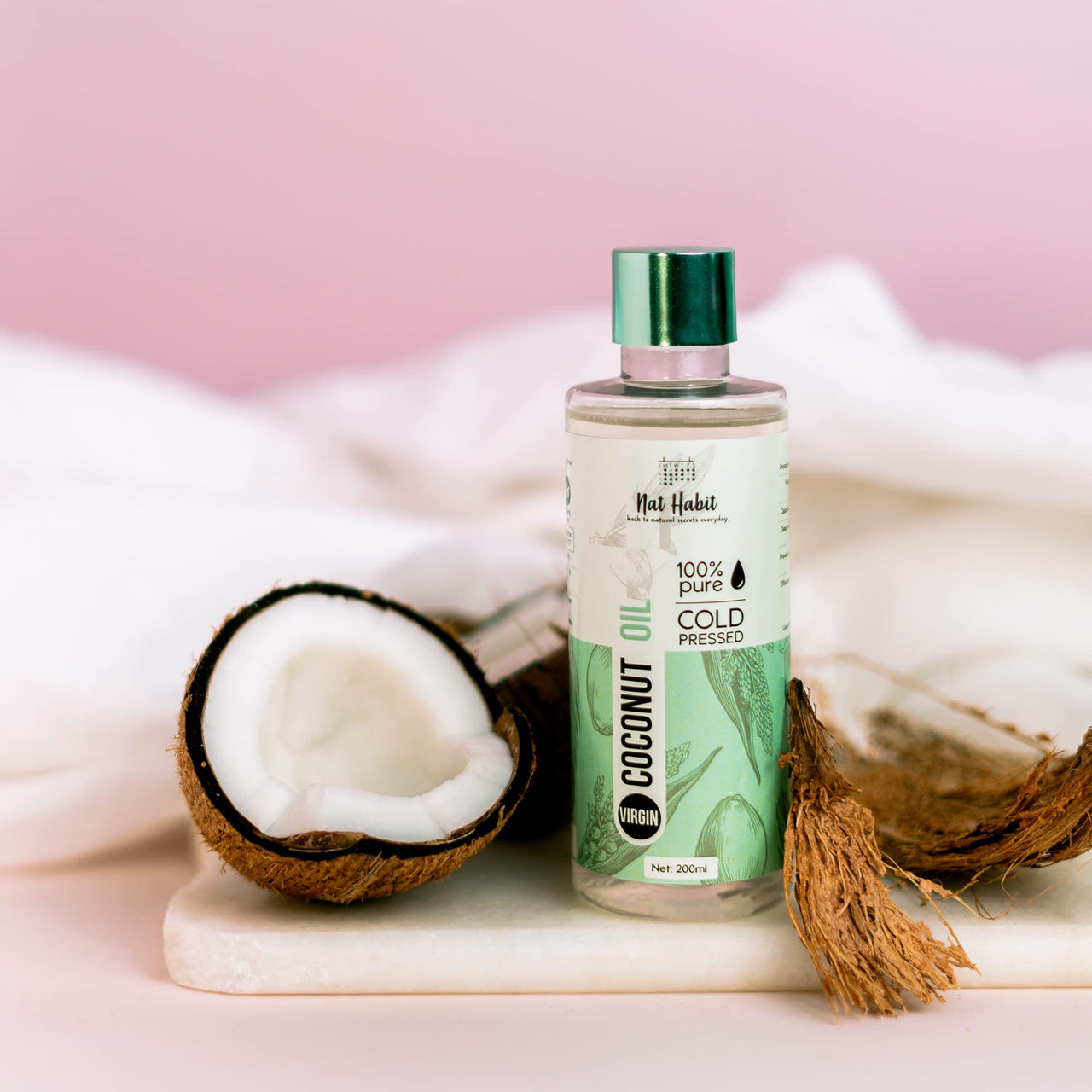 Nat Habit Cold Pressed 100% Pure Coconut Oil for Skin & Hair, Whole Kernels from Tamil Nadu & Kerala | Zero Preservatives | Body Massage Oil, Hair Oil, 200ml