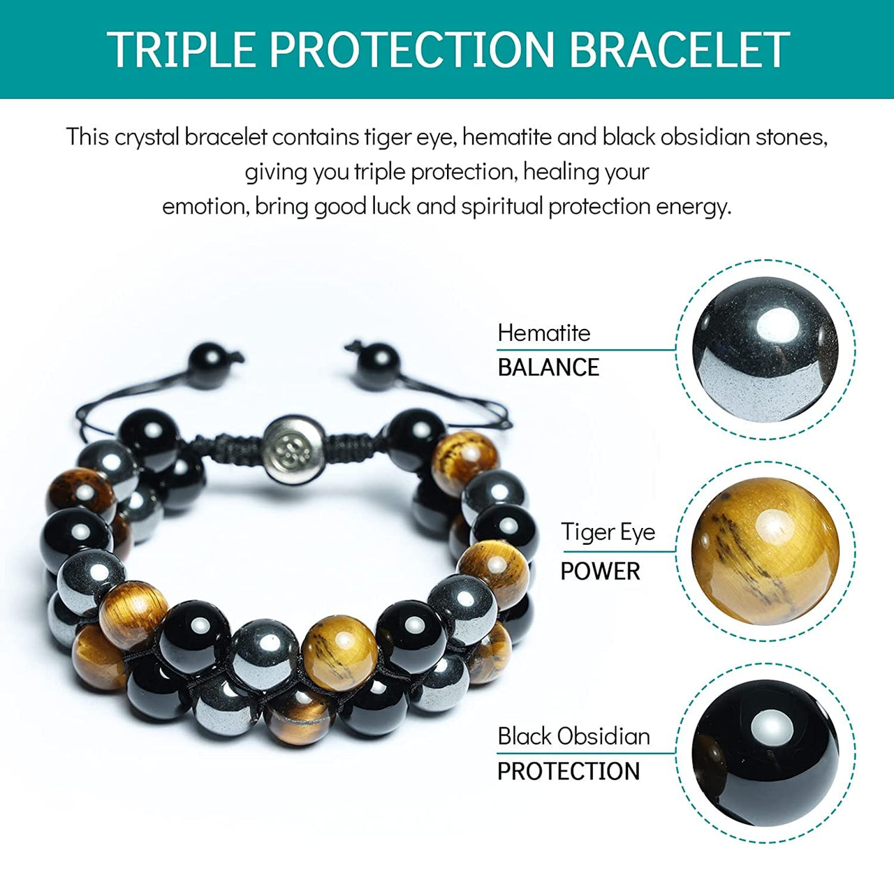 Triple Crystal Protection Bracelet, Handmade Bracelets, Obsidian Tiger Eye and Hematite Stone 10mm Bracelets for Men Women, Healing Crystal Bracelets, Natural Stone Beaded Bracelets Bring Luck 10mm Yellow Tiger Eye