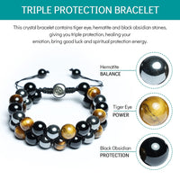 Triple Crystal Protection Bracelet, Handmade Bracelets, Obsidian Tiger Eye and Hematite Stone 10mm Bracelets for Men Women, Healing Crystal Bracelets, Natural Stone Beaded Bracelets Bring Luck 10mm Yellow Tiger Eye