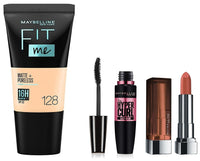 Maybelline New York Prom Queen Makeup Kit - Fit Me Foundation Tube Warm Nude + Hypercurl Mascara Washable + Creamy Matte Nude Nuance